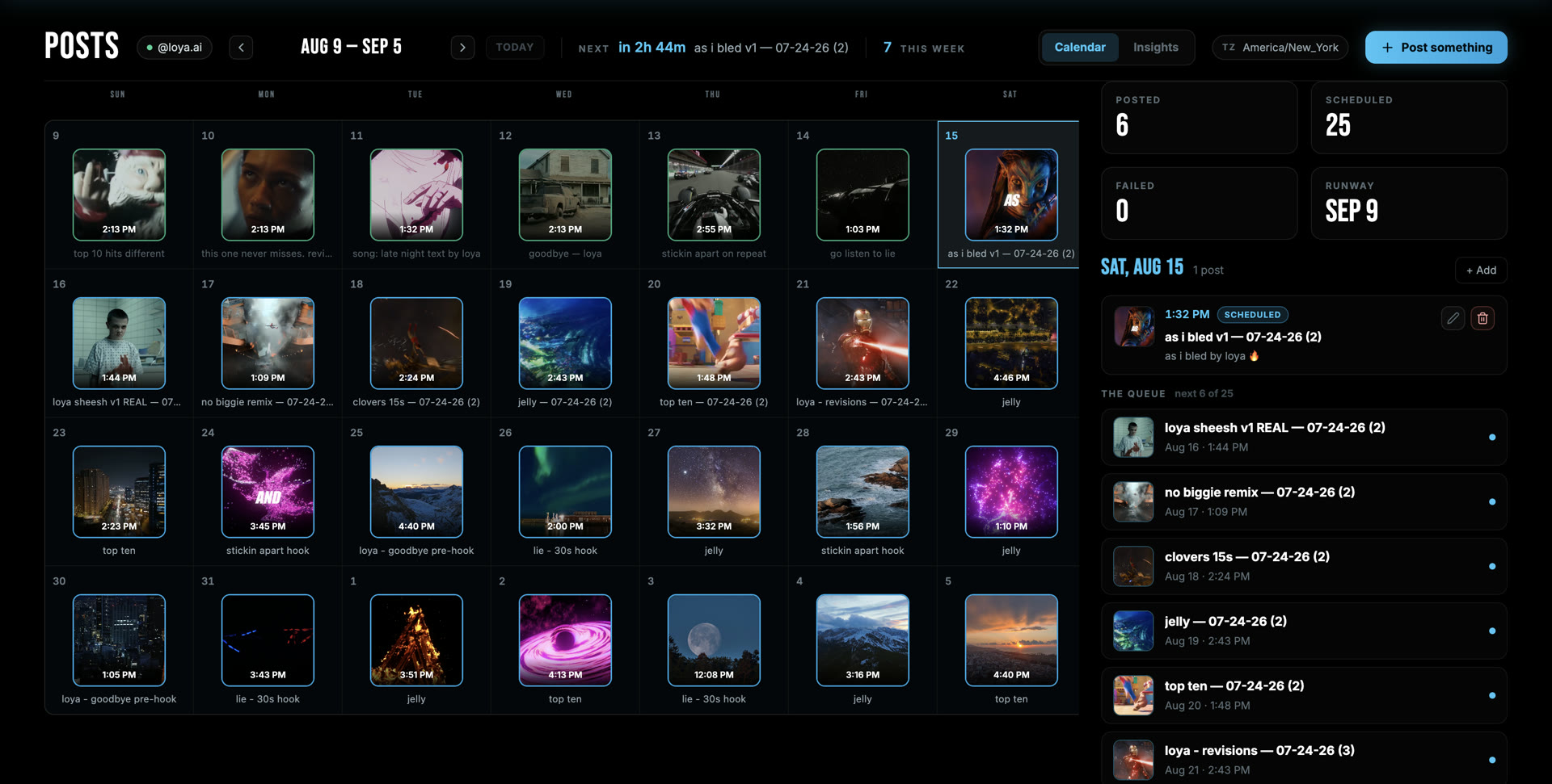 The LYRC posts calendar with 25 videos scheduled to an Instagram account and 6 already posted